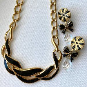 Vintage Black Enamel Goldtone Collar Napier Necklace & Earrings Set